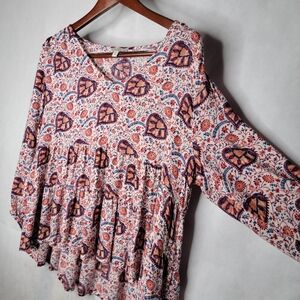 Lucky Brand Babydoll Top Ivory Red Floral 3/4 Sleeve V-neck Peasant Top M